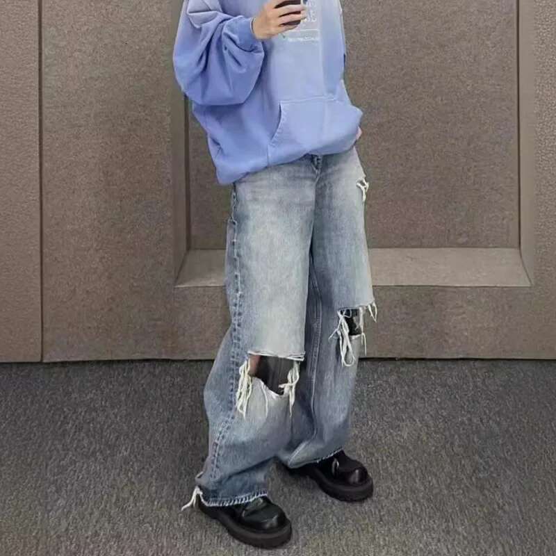 High Street Korean Trendy Washed Knee Cutting Hole Distressed Straight Jeans For Men 2025 New Loose Denim Pants 28W5420