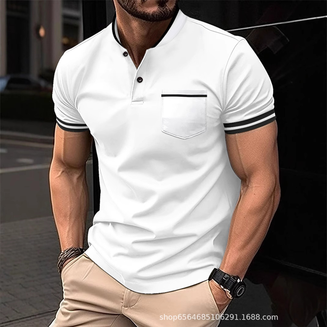 Spring Fashion Mens Short Sleeve Solid Color Stand up Collar Pocket Henley Shirt Polo Shirt