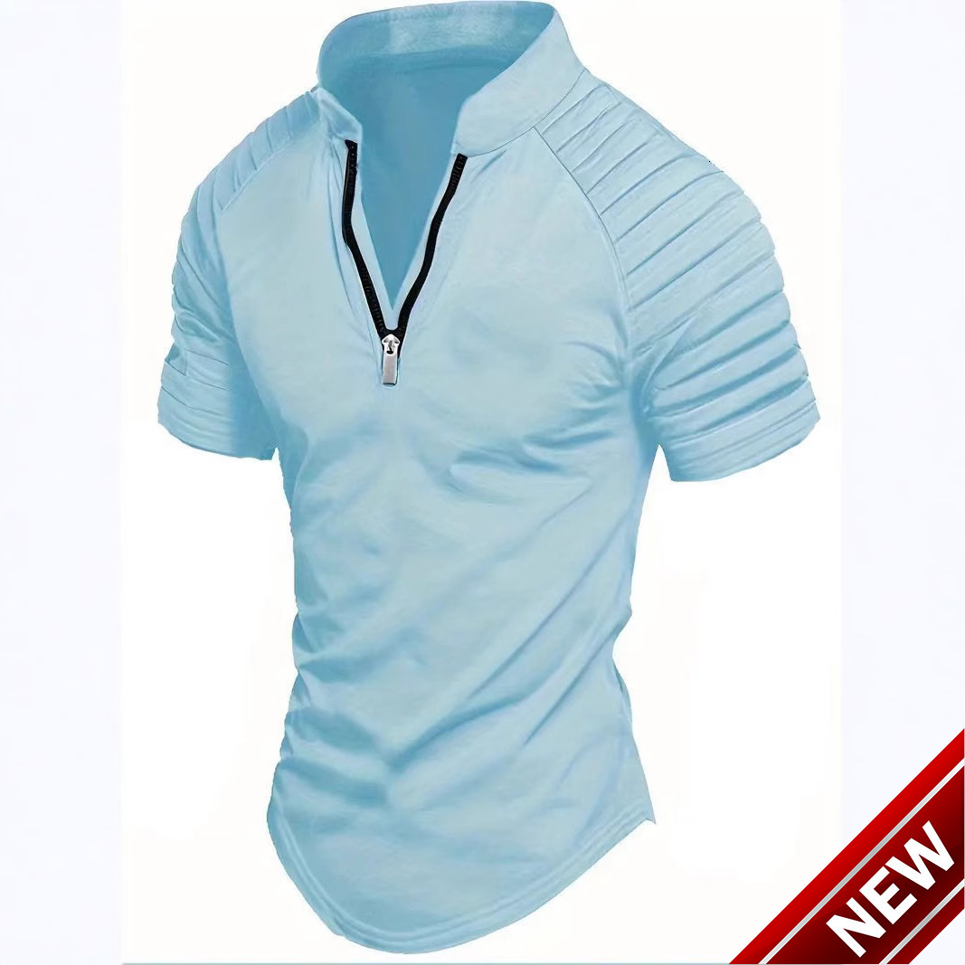 Summer fashion casual mens short sleeved polo shirt zipper pleated mens sports polo shirt