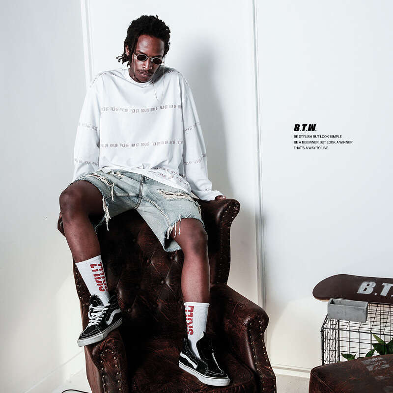 BTW Street Fashion Brand Summer Hiphop Perforated Shorts Men's Hip Hop Ragged Edge Beggar Cowboy Split Pants Instagram