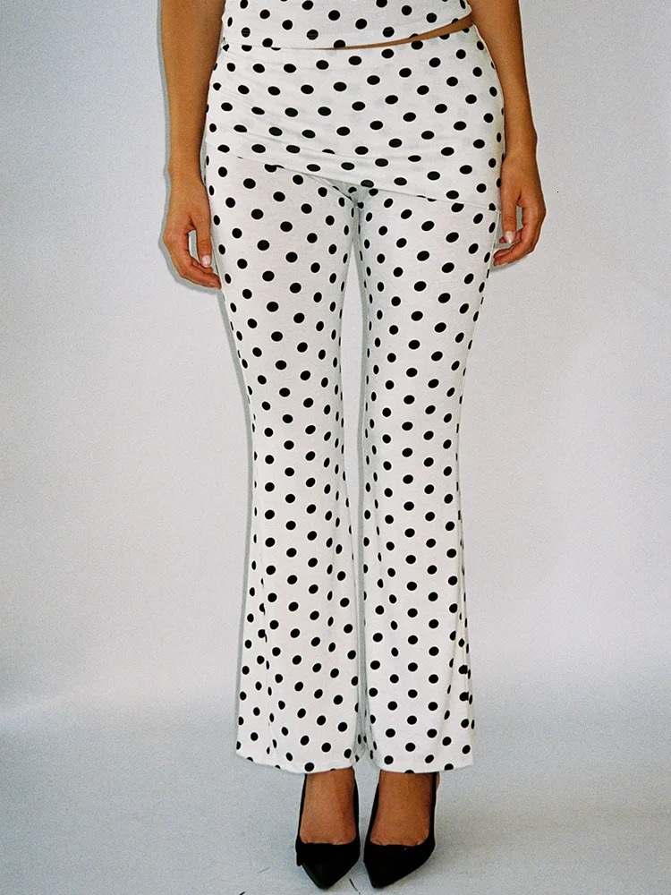 Absobe polka dot flash pants two-piece set womens crew short sleeved crop T-shirt folding splicing workwear Y2K casual set 250415