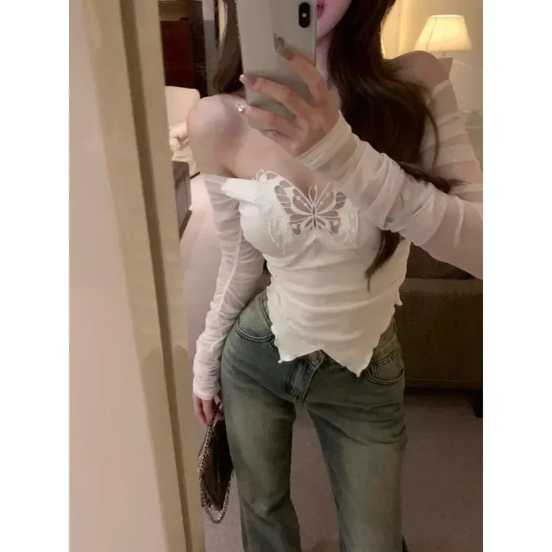 Korean Style Off Shoulder T Shirts Women Aesthetic Butterfly Cropped Mesh Tops Sexy Coquette Y2k Kpop Long Sleeve Tees 250415