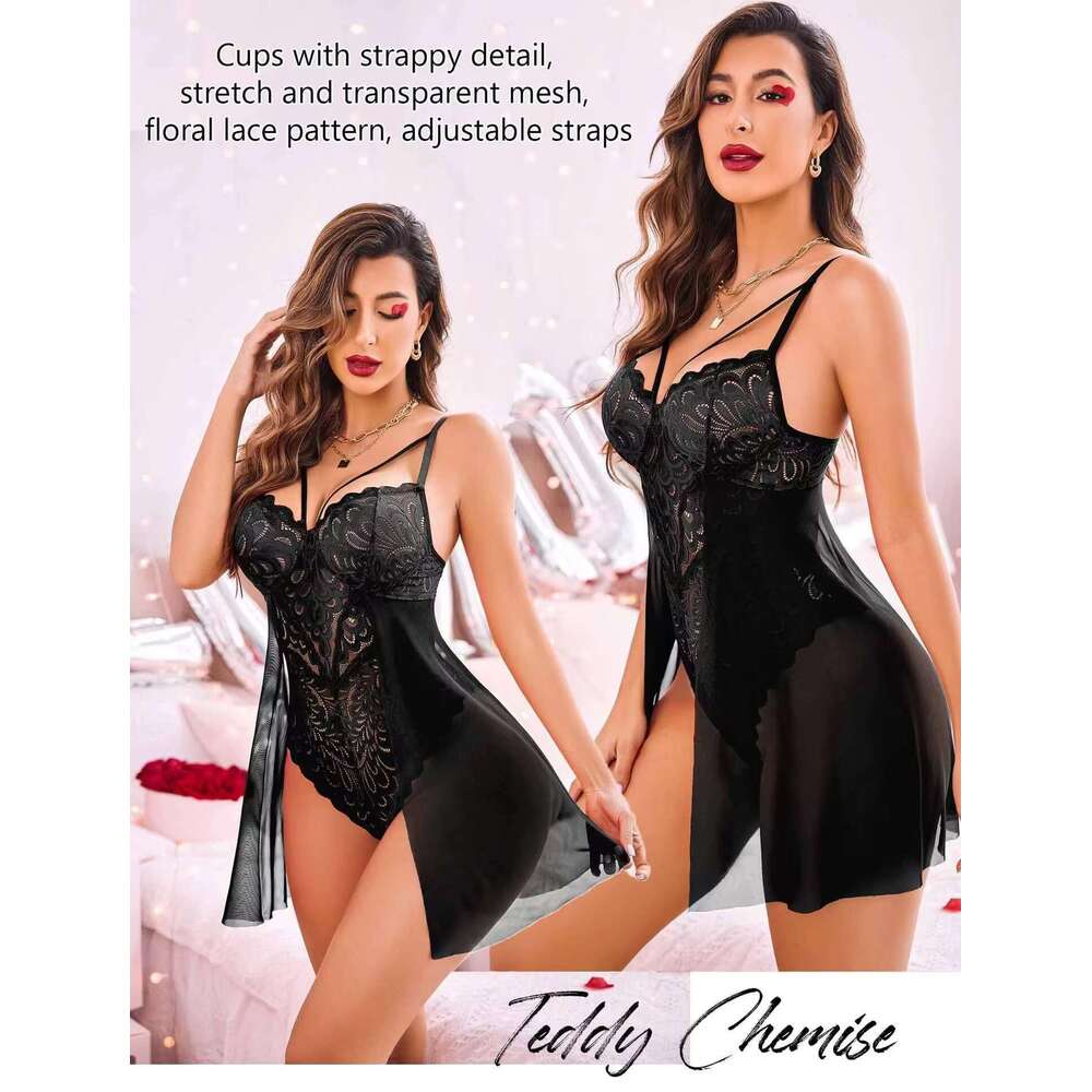 2024 New Hot Sexy Woman Erotic Pamas Lace Gerie Sleep Nightgown Underwear Standard Medium Crocheted Emed 3Pcs
