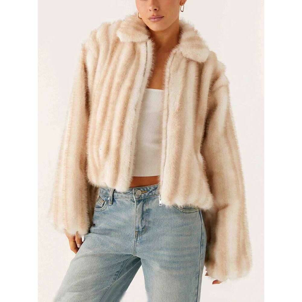 Luxury Winter Woman Turn Down Collar Zipper Loose Casual Fluffy Jacket Top Womens Coat Fur Faux Coats