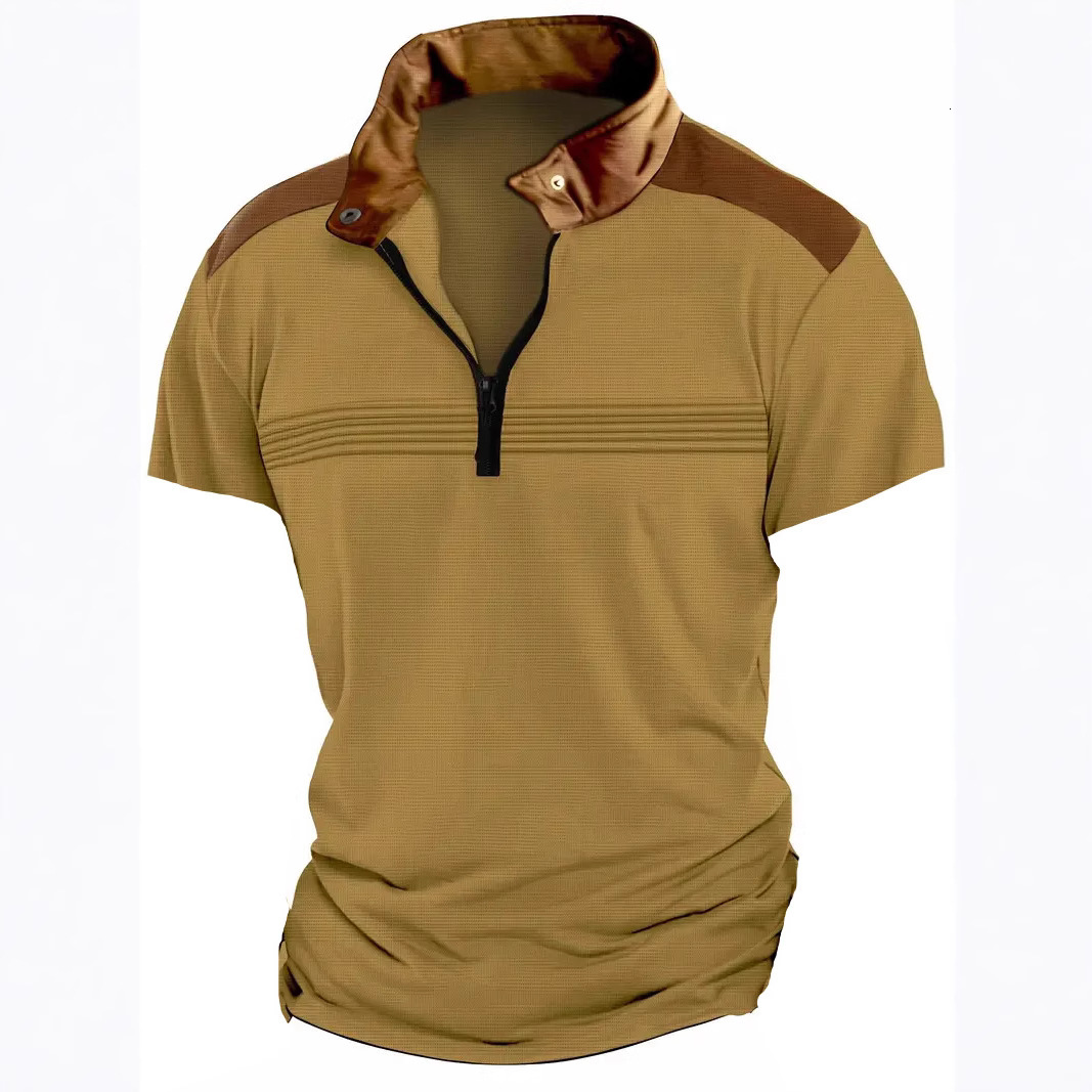 Summer new spliced wrinkled mens polo shirt with zipper and short sleeved sports polo shirt