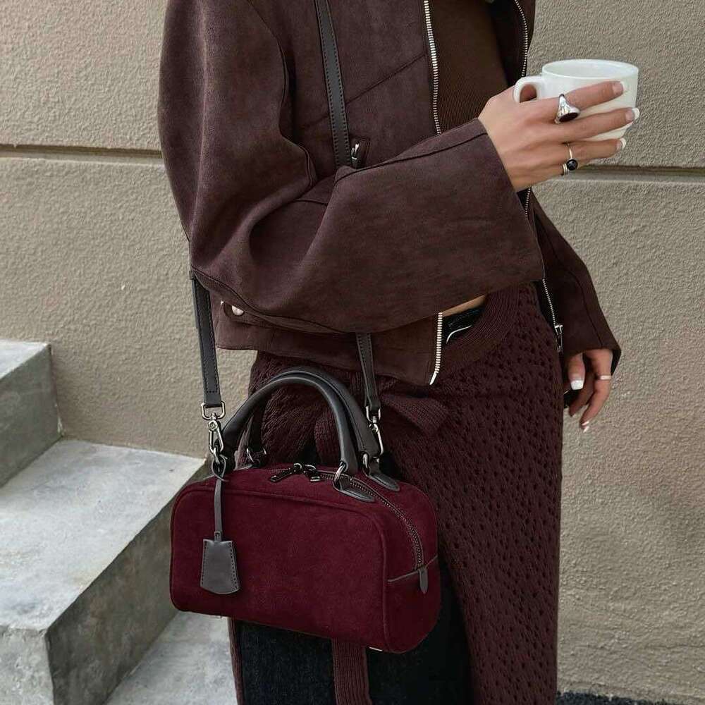 Mm Women's Bags Niche Suede Bowling Box Bag New Boston Tote Single Shoulder Crossbody Bag, High-Quality