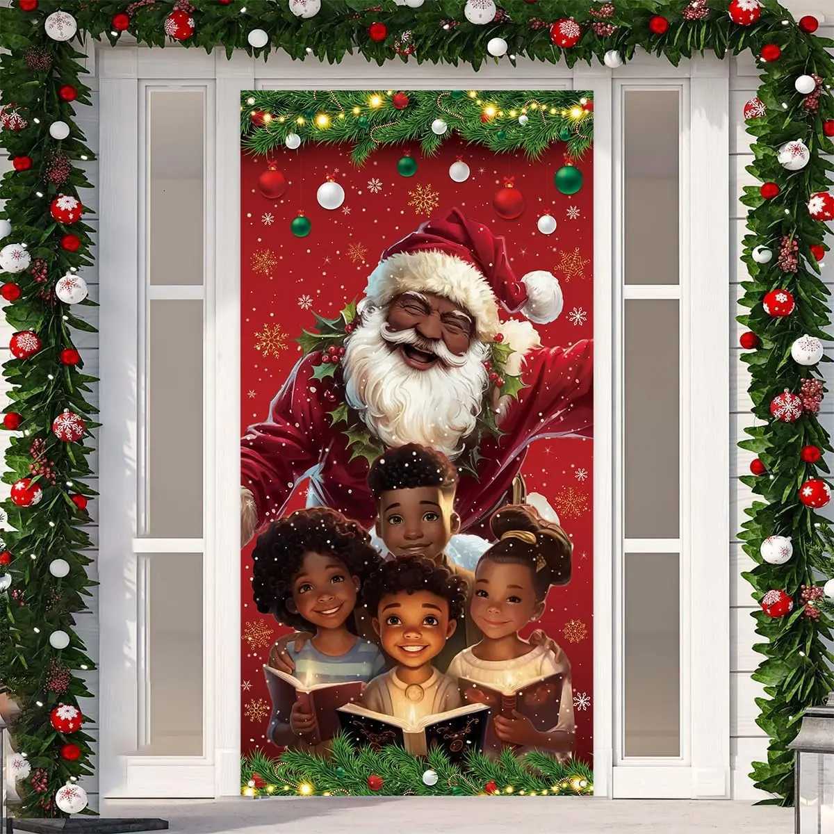 African American Christmas Door Cover Black Santa Claus Banner Black African American Christmas Decor Merry New year Xmas DecorM251115