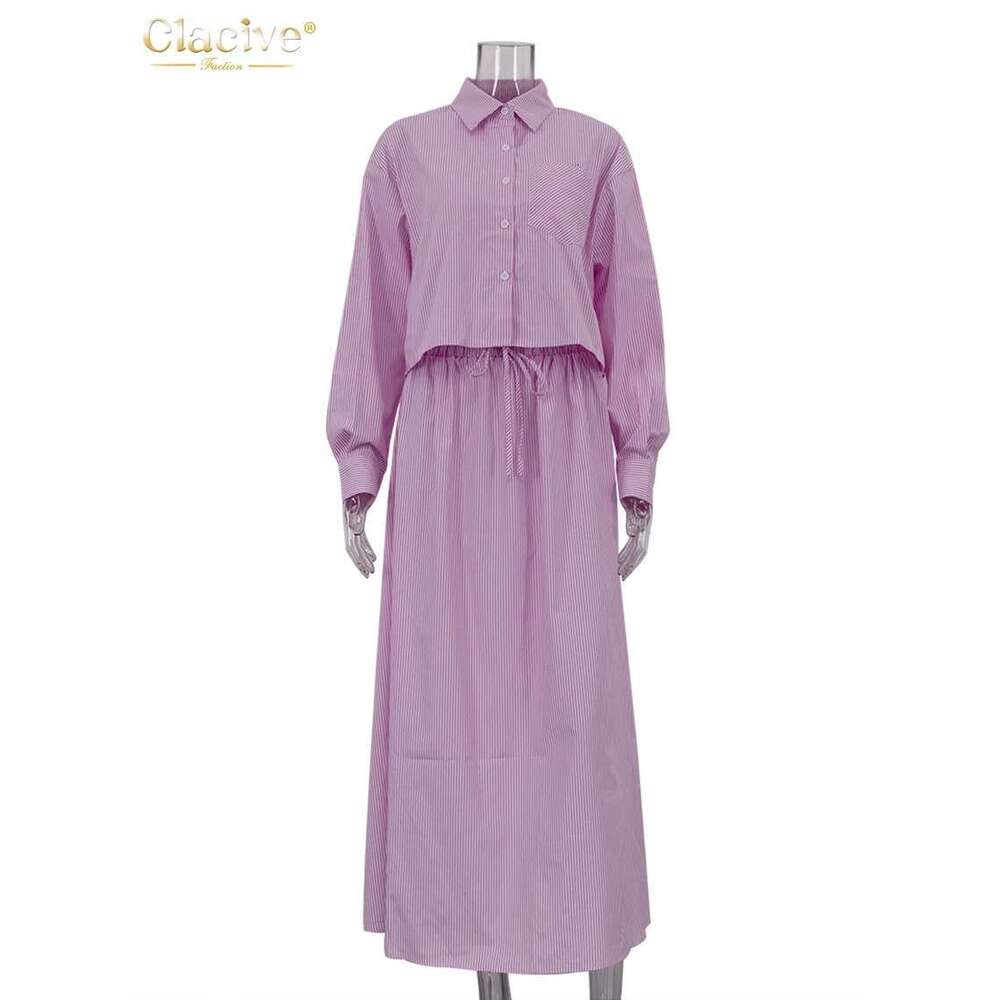 Clacive Fashion Pink Stripe 2 Piece Women Outfit Elegant Sleeve Shirt With High Waist Long Skirts Set Female Streetwear