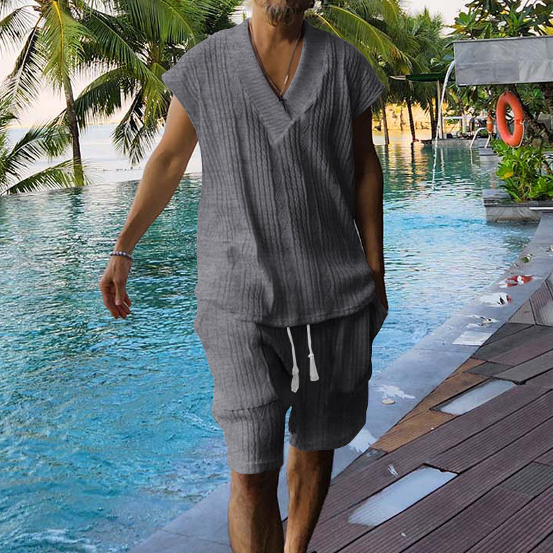 casual jacquard knit for men's summer loose oversized sleeveless T-shirt and shorts set