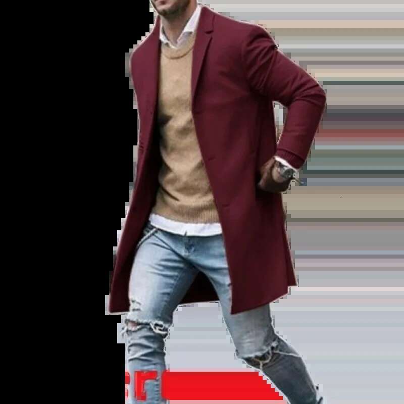 2023 Autumn/Winter New Solid Color Men's Mid Length Woolen Coat Slim Fit Large Single Breasted Windbreaker