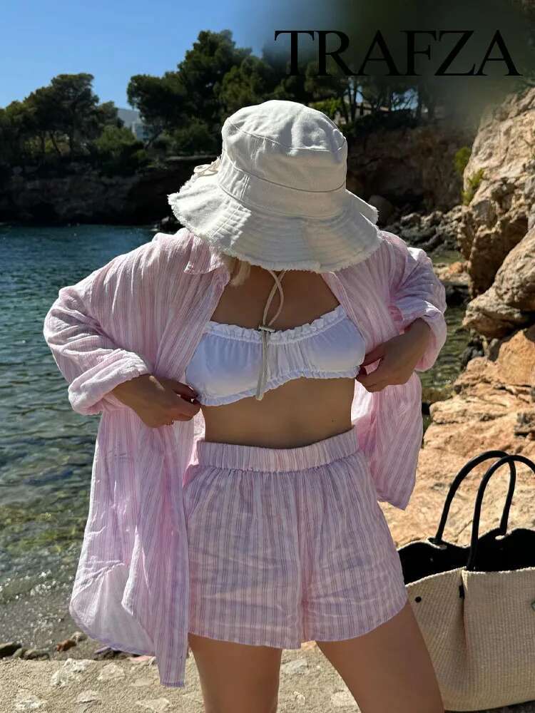 TRAFZA Summer Fashion Woman Suits Stripe Turn Down Collar Long Sleeves Single-Breasted Shirts+Elastic Waist Pocket Shorts