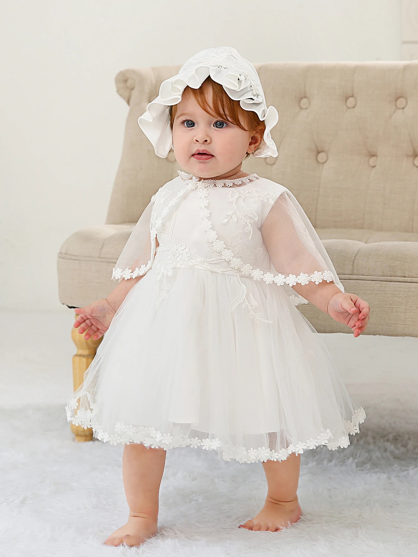 Sleeveless Hood Cloak Soft Satin Floral Embroidered Lace Wedding Party Princess Baby Dress Set 250415