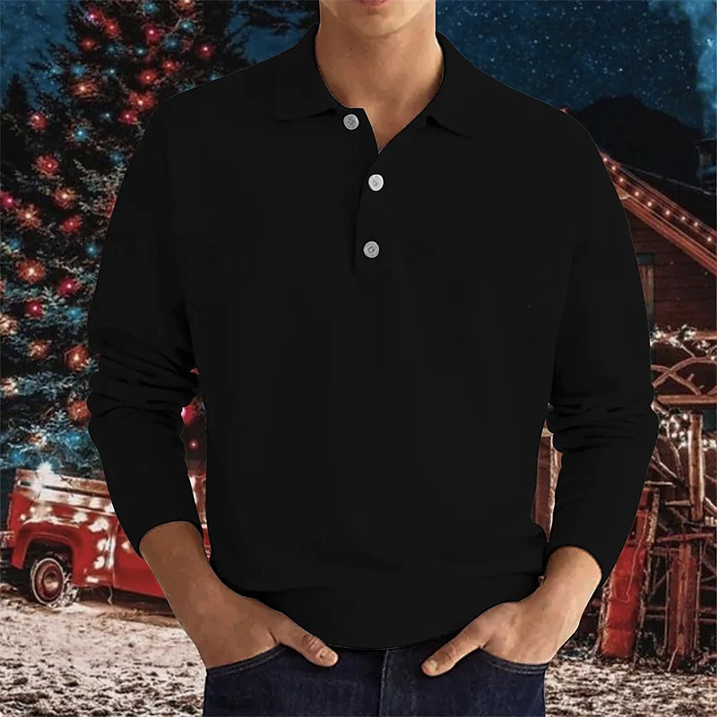 2025 autumn long sleeved V-neck button up mens casual top polo shirt