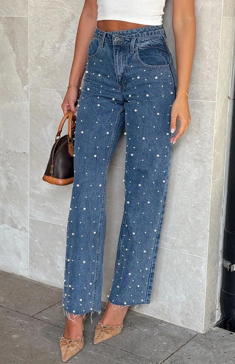 Jeans denim pants beaded high waisted casual straight Y2k streetwear elegant patchwork mom jeans 250414