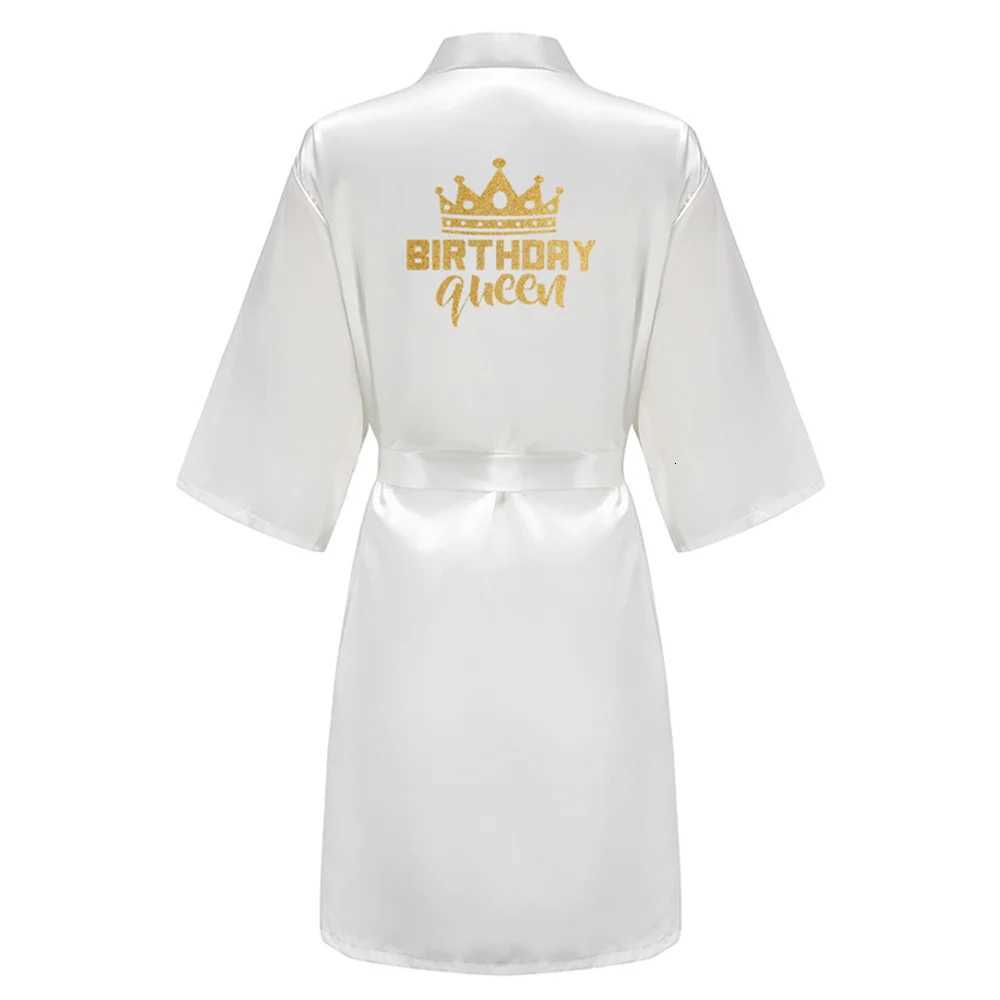 Birthday Party Queen Squad Robes Satin Pamas Dressing Gown White Writing Kimono Bathrobe C251115