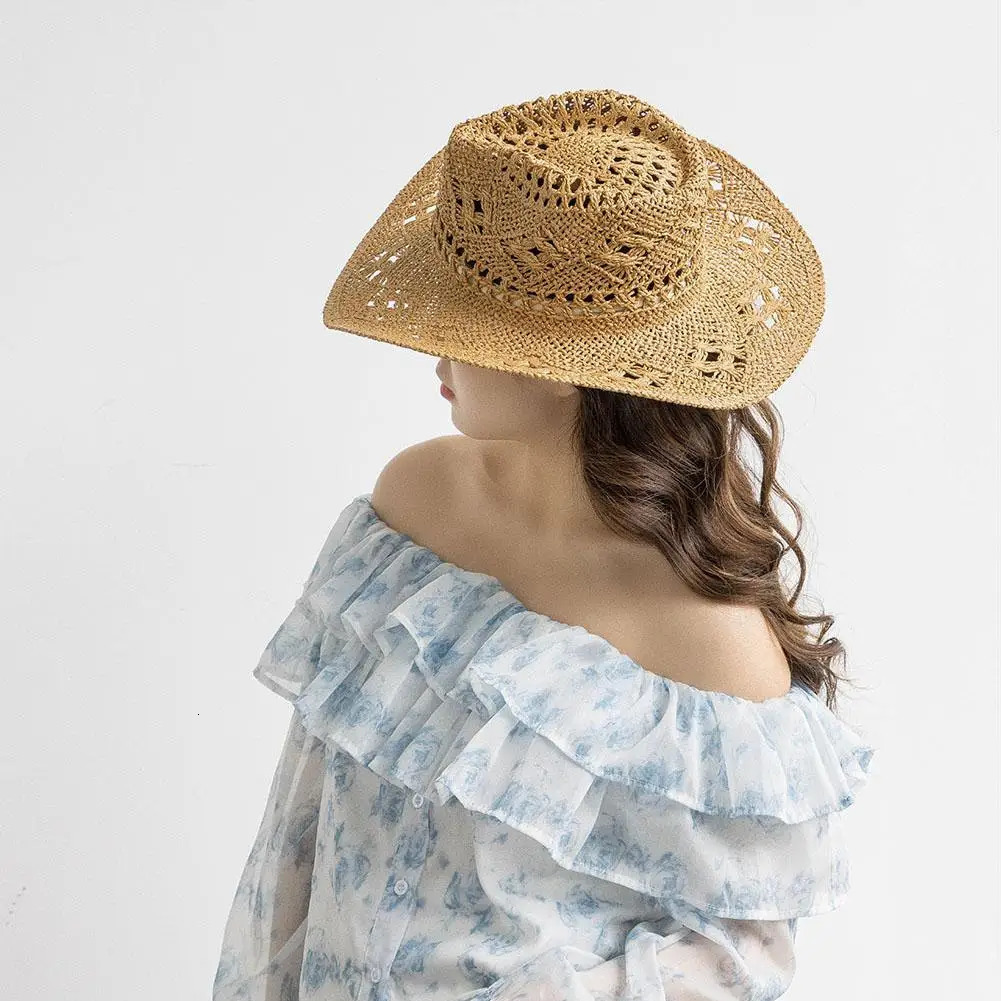 Hand-woven Western Cowboy Straw Hats Summer Outdoor Men Women Wide Brim Breathable Beach Jazz Cap Sun Protection Hat 250407