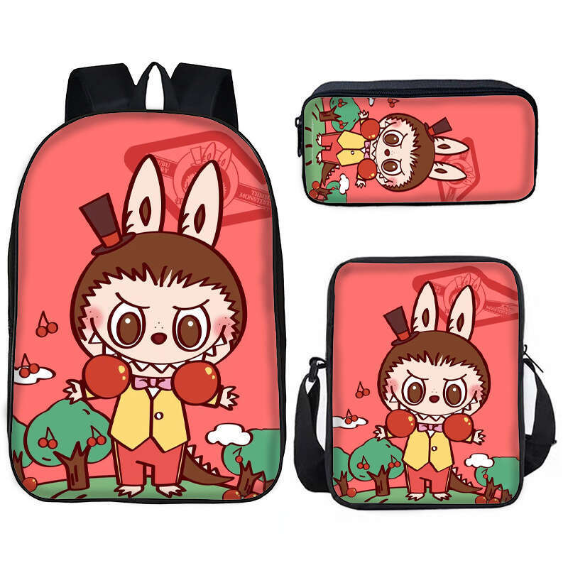New Labubu Student Pullcloth Pattern Backpack Shoulder Pen Lunch Bag 3-Piece Set