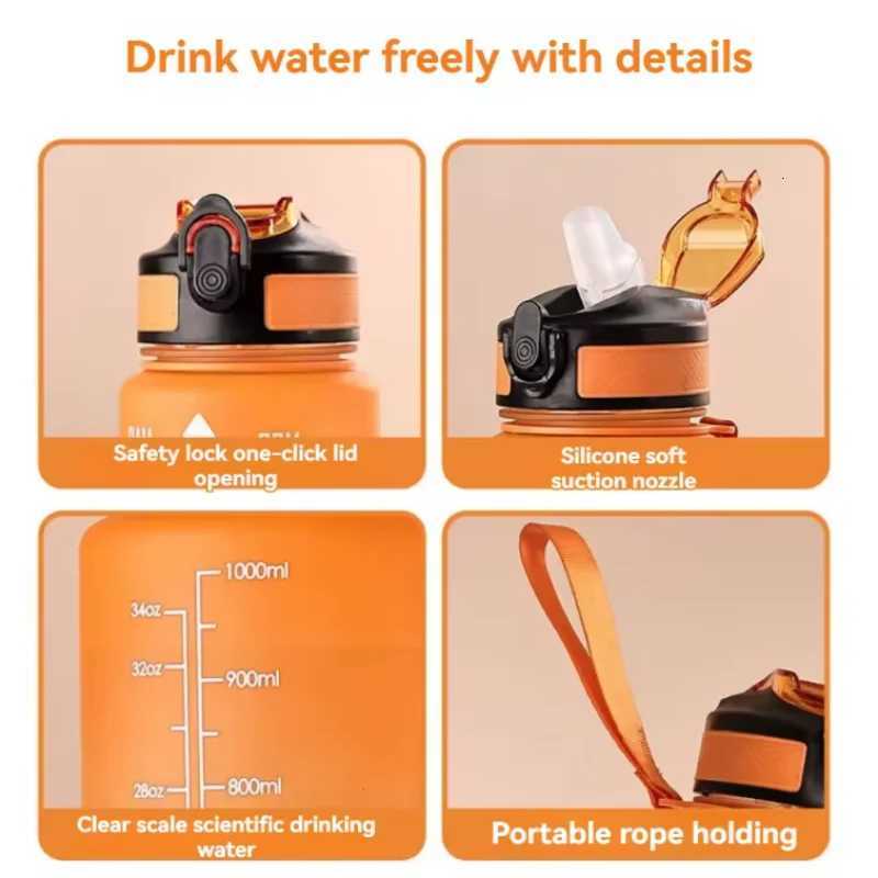 Gradient Color 1000ml Plastic Water Bottle with Straw Leak-Proof Sports Water Bottle for Outdoor Travel Fitness CyclingW251114