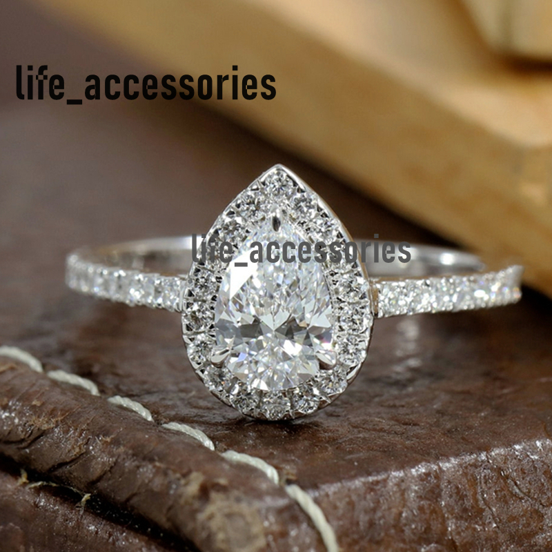 Jewelry 14K White Real Gold 0.7 Carat Pear Cut Lab Diamond Halo Ring Lab Grown Diamond Wedding Half Band Ring Womens Engagement Ring