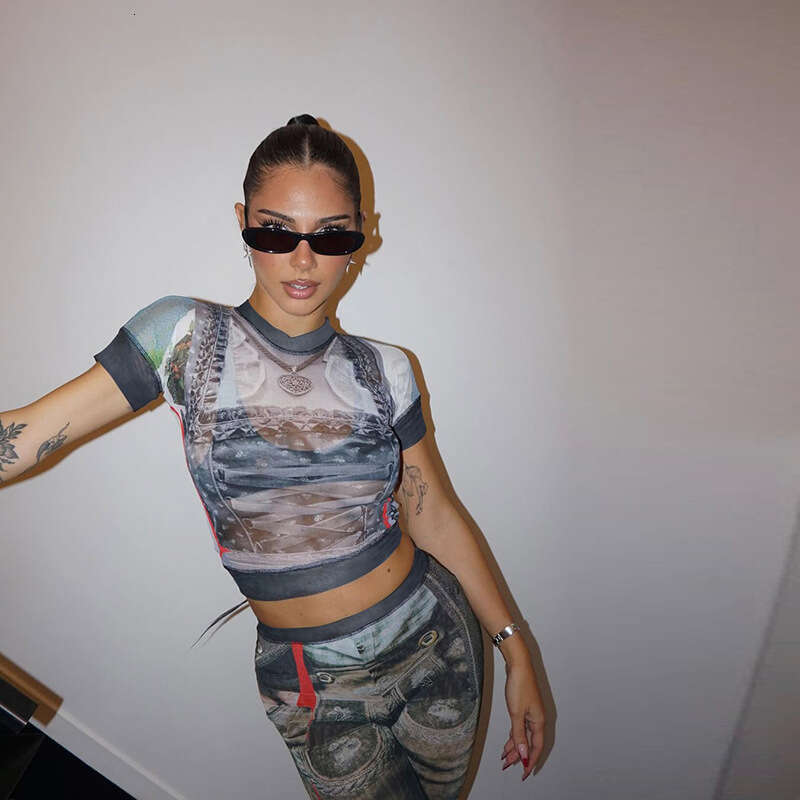 Women's Wear New Spring Women's Personalized Street Round Neck Short Sleeve Fashion Printed Tight Horn Pants Set