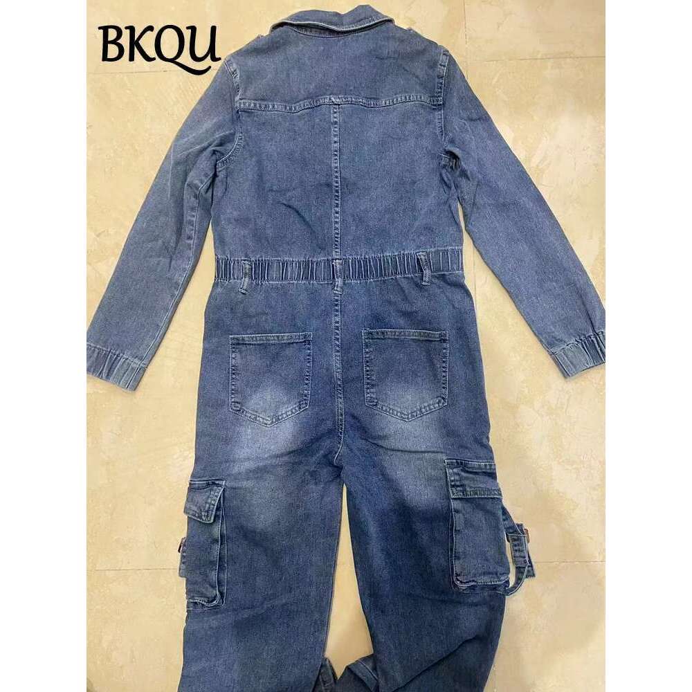 Designer Clothes BKQU Denim Cargo Jumpsuit Women Pockets Patchwork Fashion Lapel Zipper Jean Stretch Overalls Playsuit Fall Winter Y2k Streetwear
