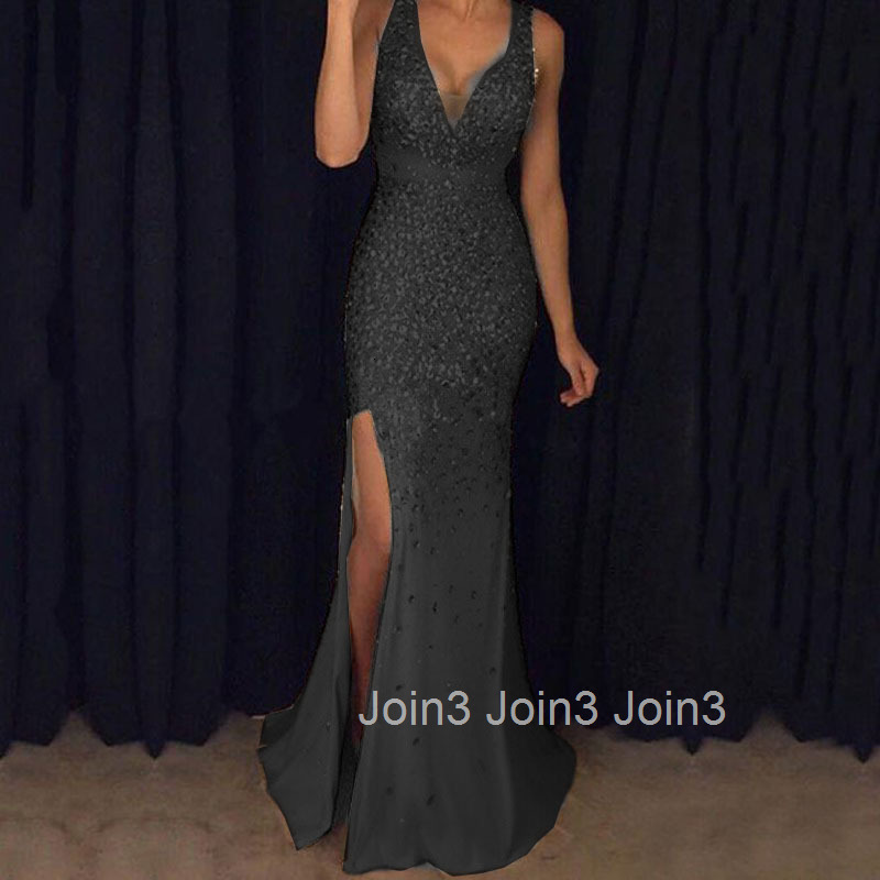 2025 New Womens Long Dress with Suspender V-neck Slit and Gold Sprinkled Dress