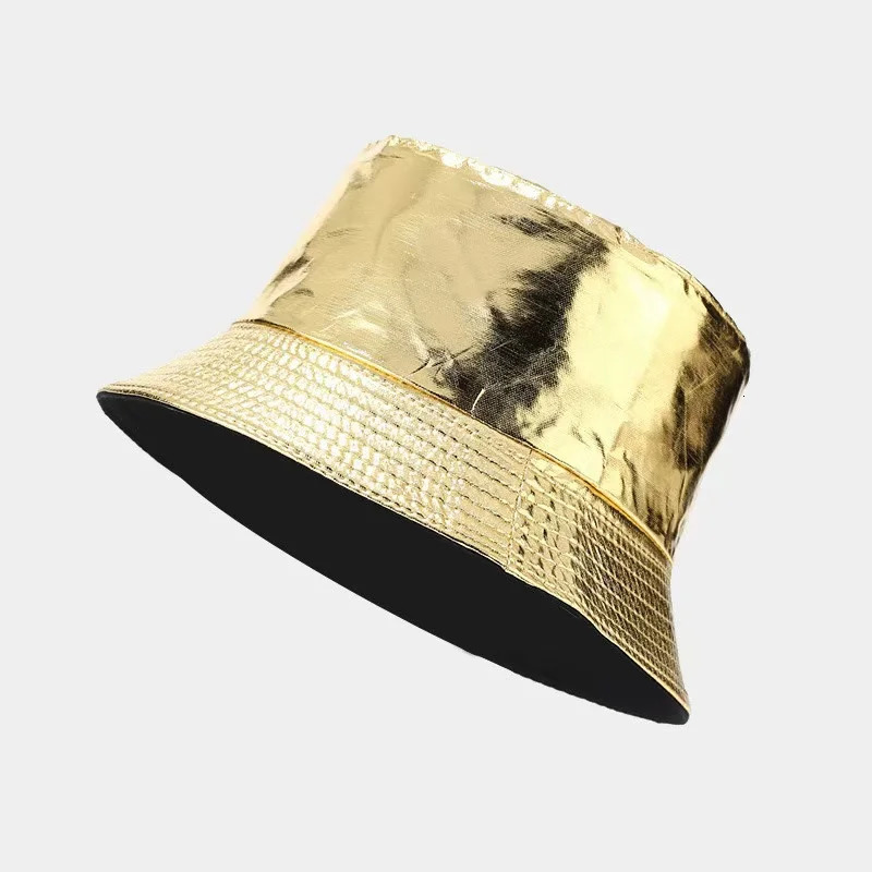 Artificial leather reversible bucket hat fashionable waterproof fishermans hat mens and womens gold and silver black fishing hat sun hat 250409