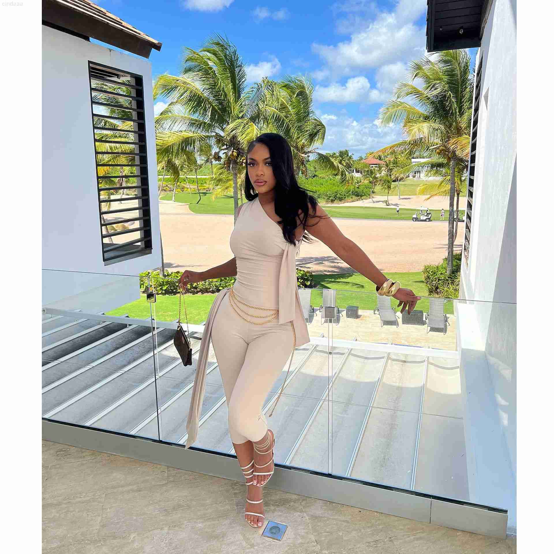 Womens Tracksuits Two Pieces Set 2025 Summer New Slant Shoulder Strap Casual Fashion Solid Color Set