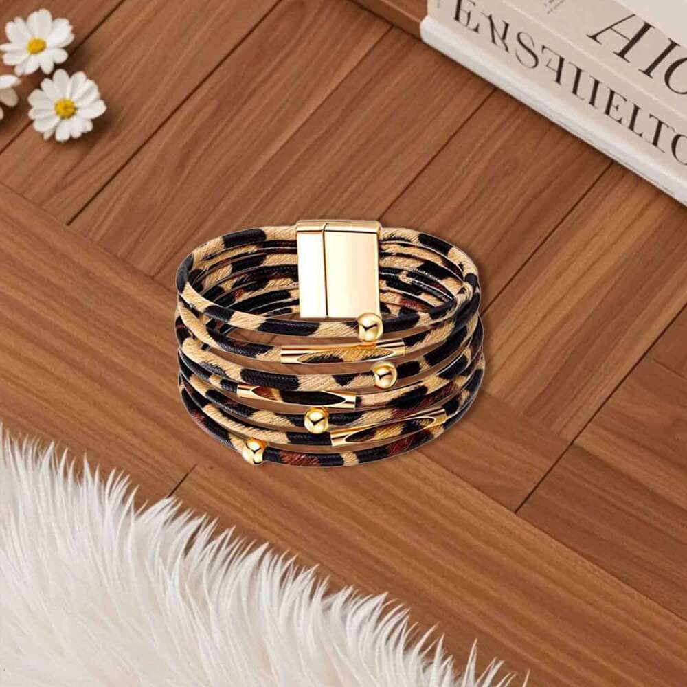 2025 Leopard print magnetic buckle with bead string alloy bracelet, fashionable and versatile bracelet accessory