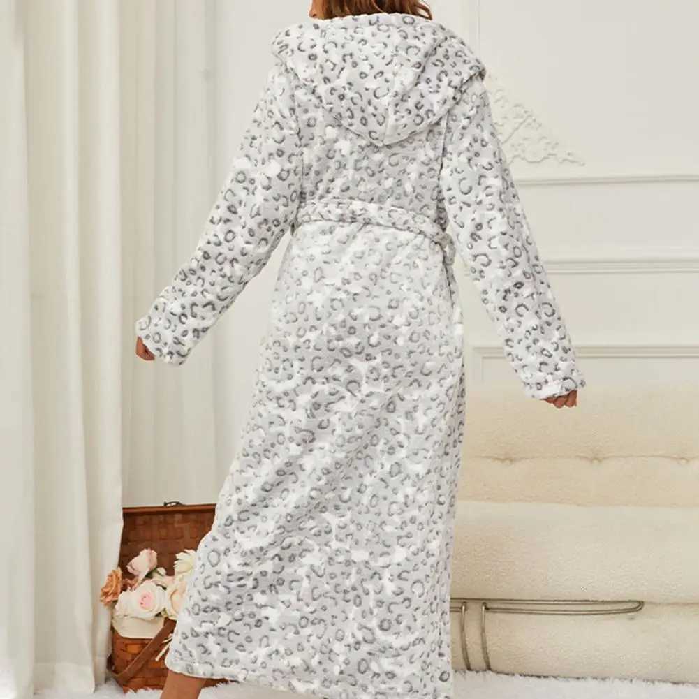 Leopard Print Nightwear Cozy Flannel Hooded Nightgown with Adjustable Belt Pockets for Women Warm Winter Homewear Robe C251115