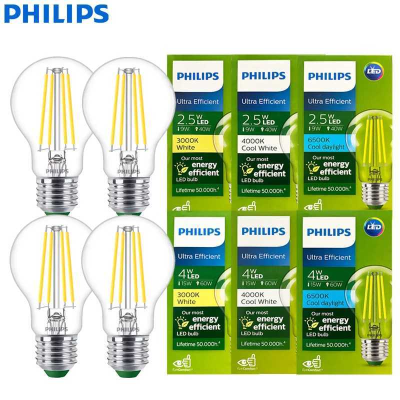 Philips 4pcs UltraEfficient E27 LED Filament Clear A60 Bulbs 25W 4W Lamps Glass LED White Color Light 50000 Hours EyeComfort C251115