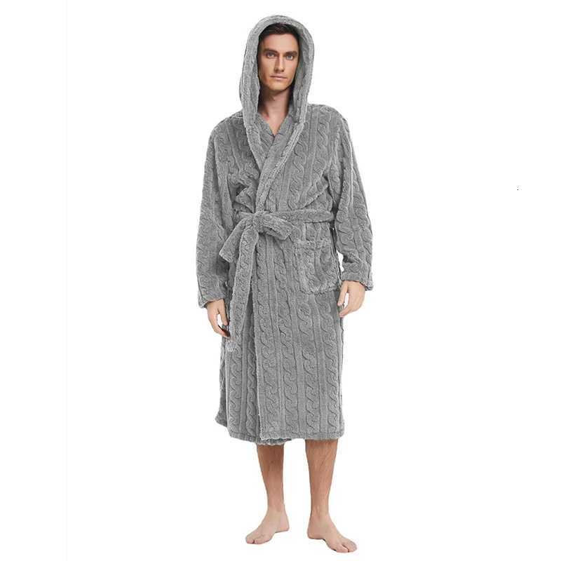 Hooded Long Robe for Men Belt Sleepwear Bathrobe Winter Night Wears Warm Fleece Pajama One Piece Nightgown Pocket Homewear 2024 C251115
