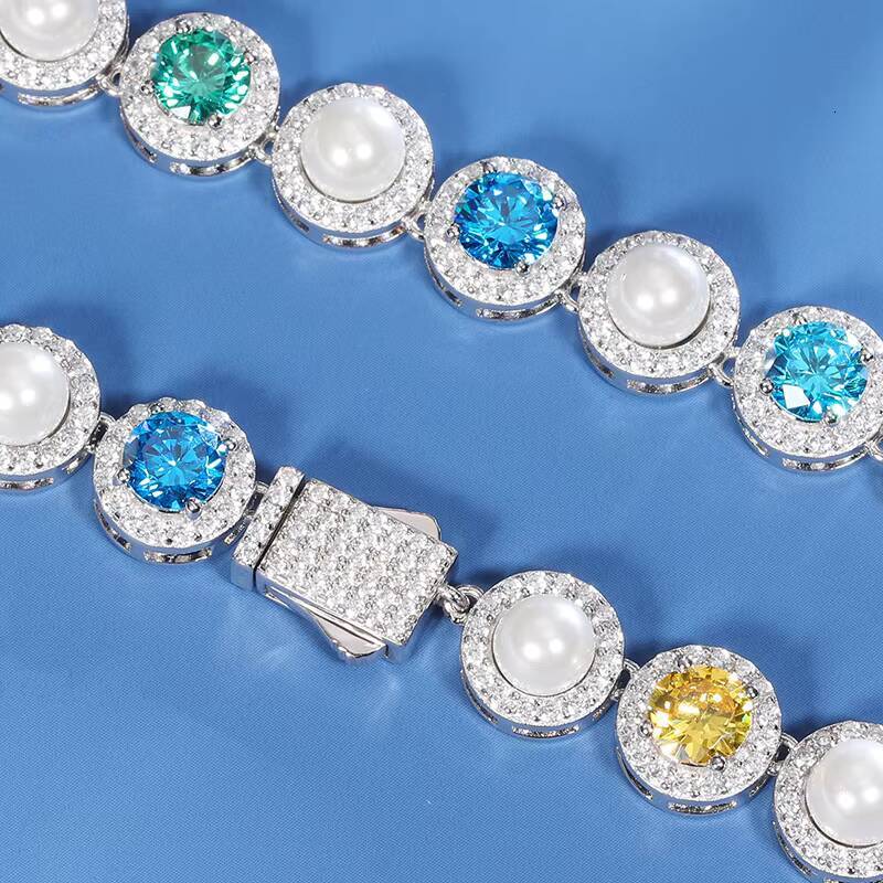 Exquisite Trendy White Gold Plated 925 Pure Silver Freshwater Pearl Necklace Round Colorful Zirconia Hola Tennis Necklace