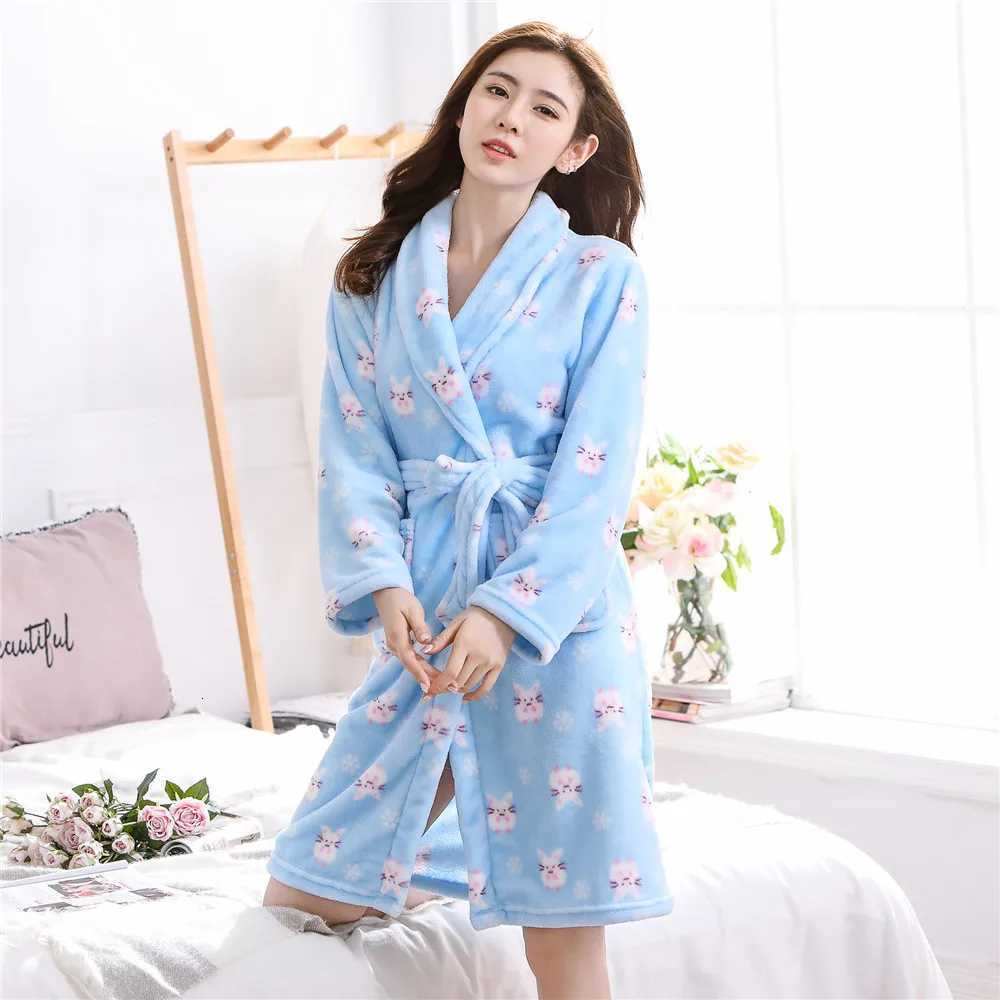 Women Winter Warm Flannel Kimono Robe Sleepwear Female Print Floral Nightdress Dressing Gown Lounge Wear Hotel Bathrobe C251115