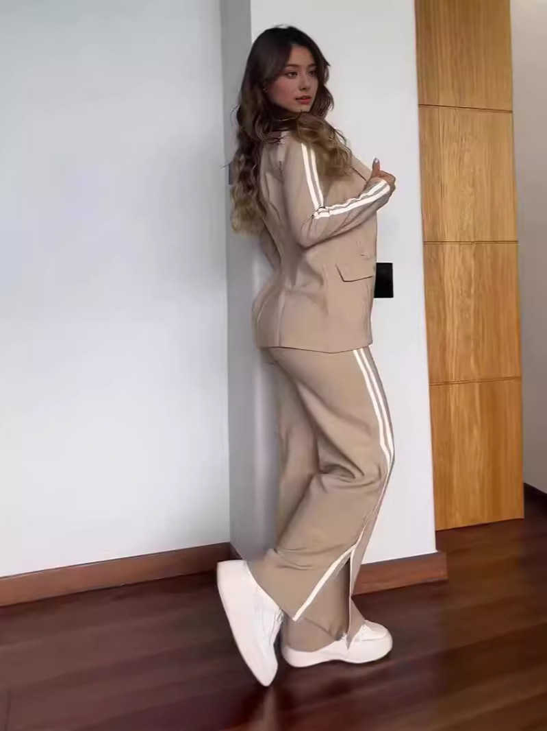 Autumn New Elegant Office Lady Suit 2025 Fashion Lapel No Buckle Blazer Striped Side Split Straight Trousers Two Piece Set Woman