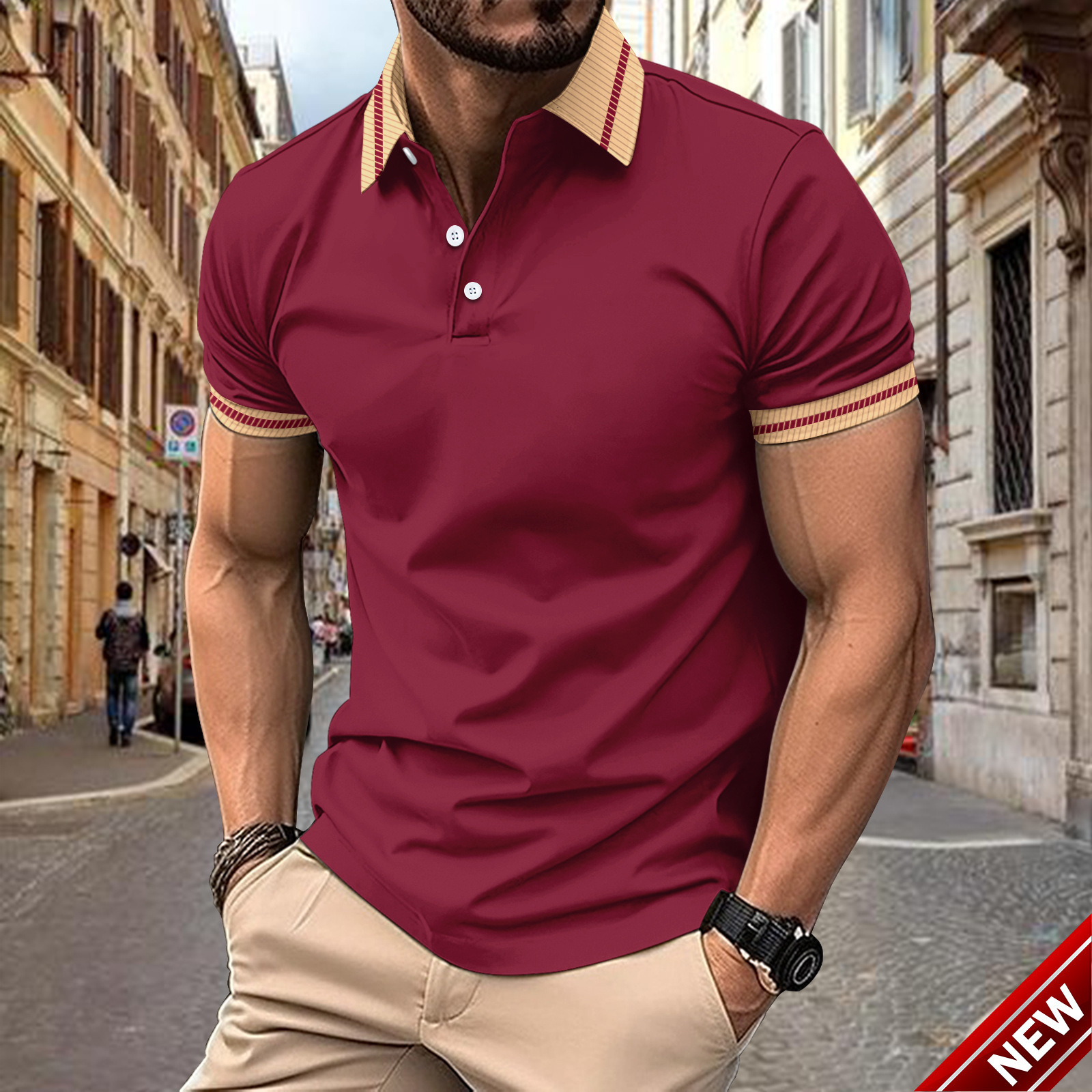 Summer Speed Sale Fashion Mens Polo Shirt Color blocked Button Mens Sports Polo Shirt