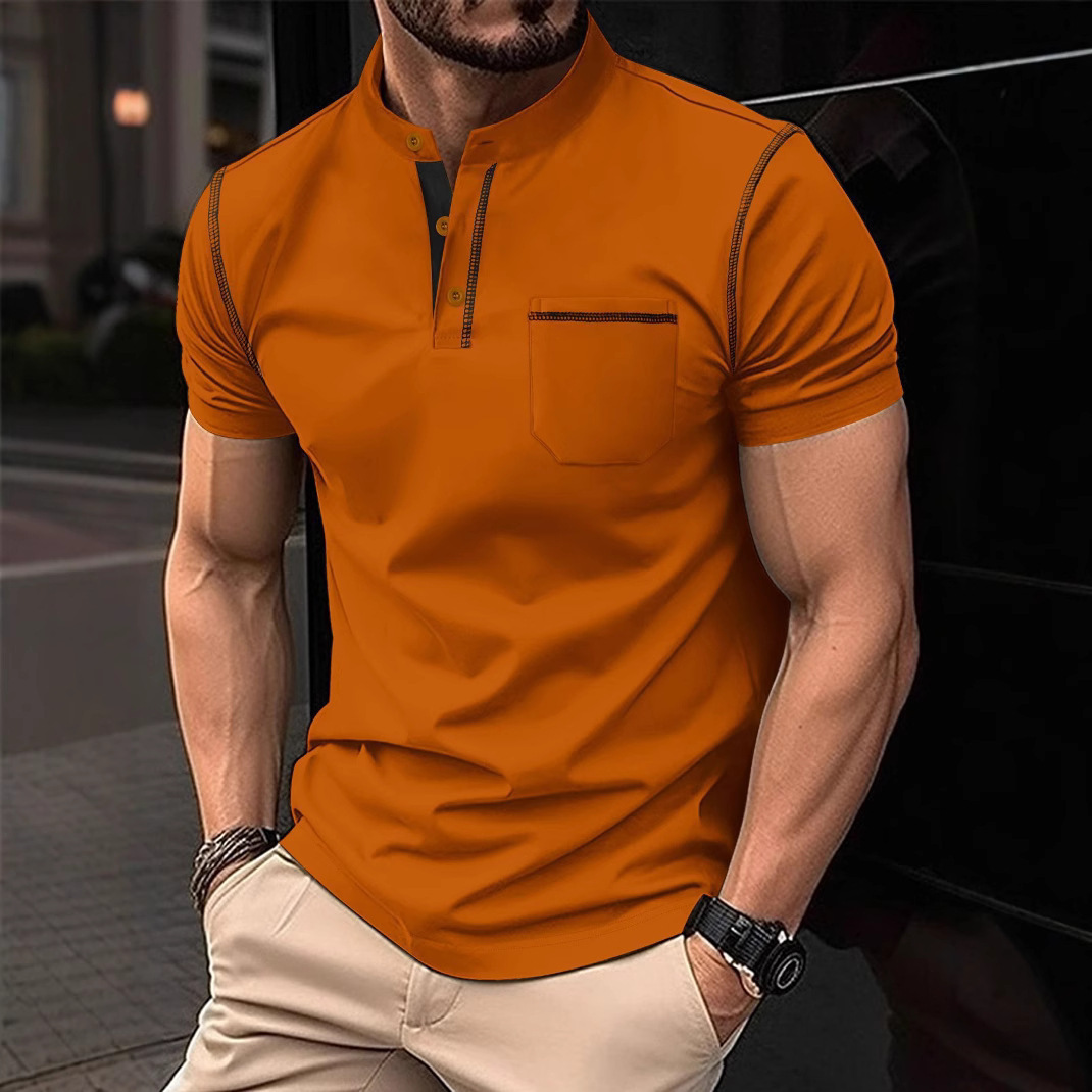Ins summer mens polo shirt with stand up collar pocket mens sports polo shirt