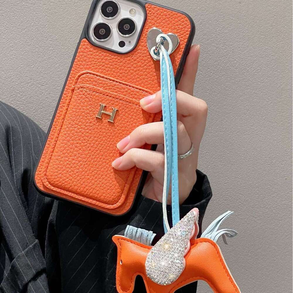 New Apple 17 Compatible with iPhone 13 Lychee Pattern Card Holder Lanyard Pony Phone Case Letter H Trendy