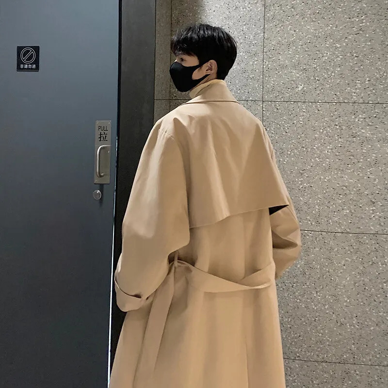Spring Korean mens trench coat mens street clothing windproof trench coat mens solid business casual loose long coat 250415