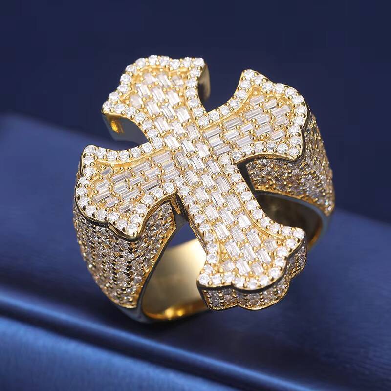 Wholesale High Quality Micro VVS Baguette Moissanite Cross Ring White Gold 925 Sterling Silver Hip Hop Rappers Jewelry for Men