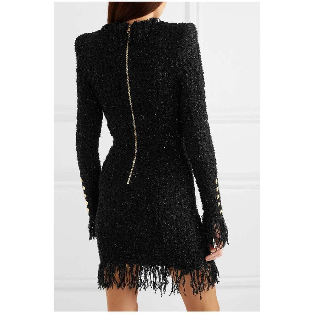 New Style Women Double Breasted Lion Buckle Bright Satin Fabric Mini Dress Woolen Tassels Lady Party Dresses