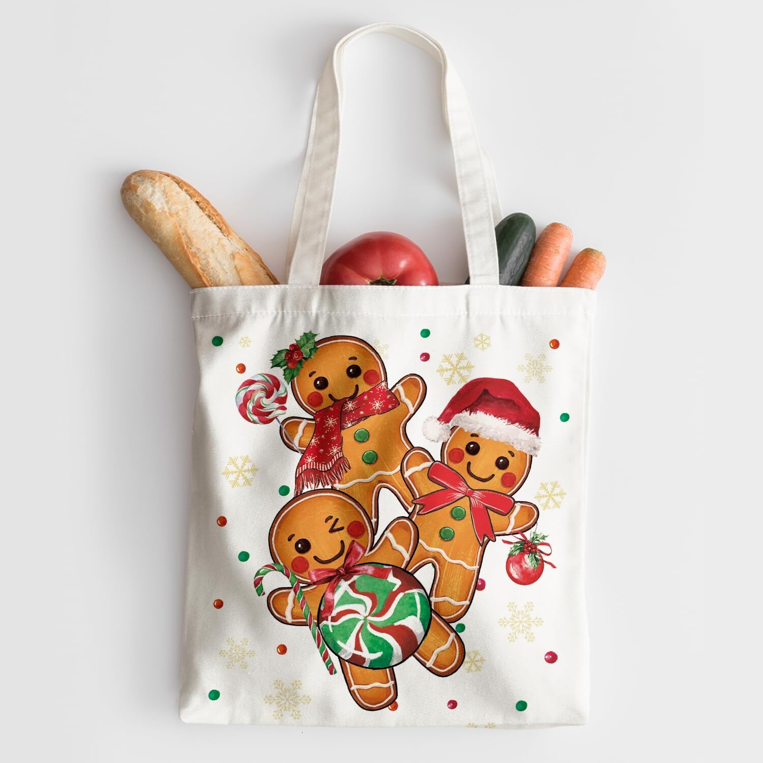 Christmas Canvas Bag, Christmas Winter Gingerbread Man Reusable Shoulder Tote Bag for Women Lady Casual Vacation, Shopping, Work, Gym ddmybear