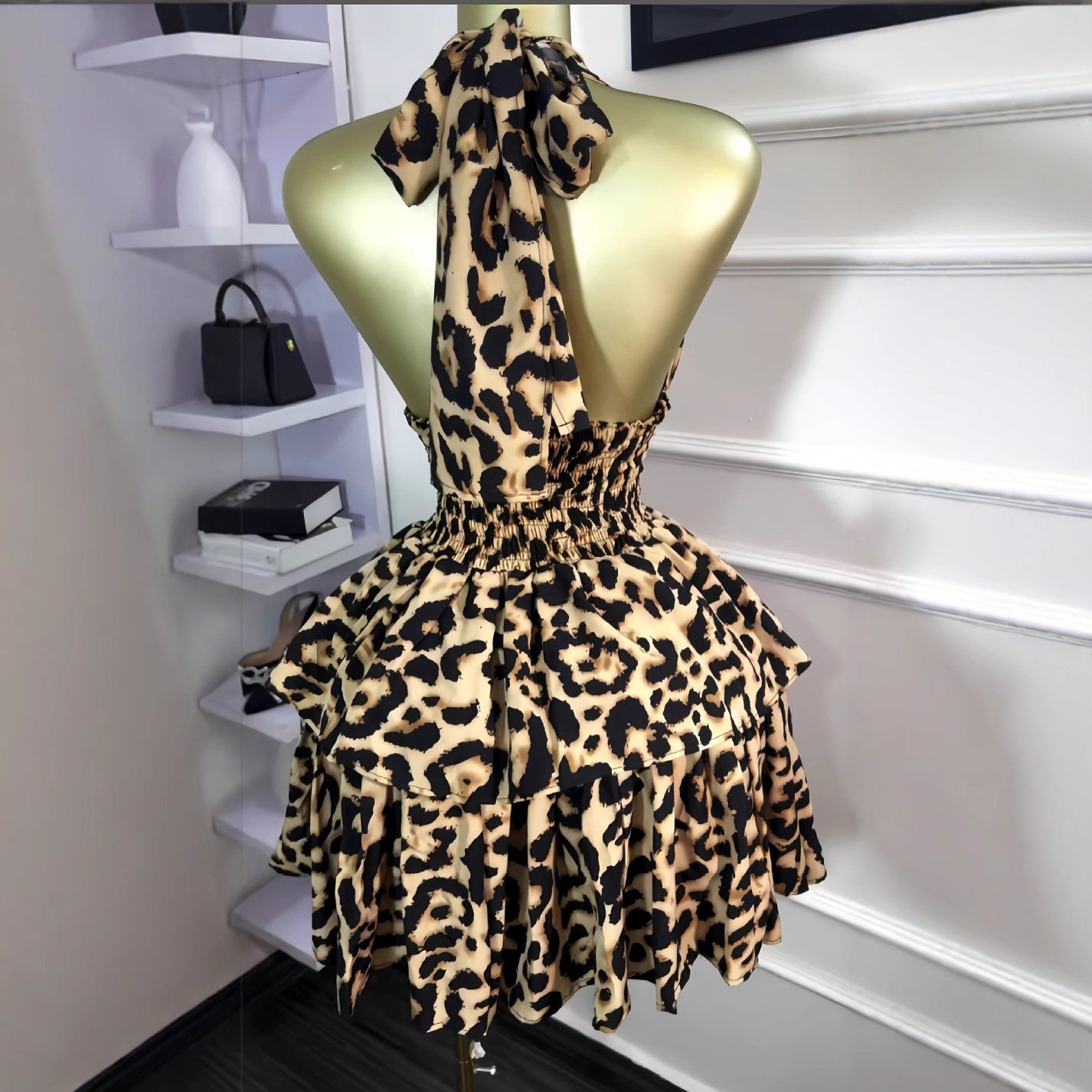 L42Chic Early Summer Puff Sleeveless Halter Dress - Leopard Print with Pleated Belted Midi Length