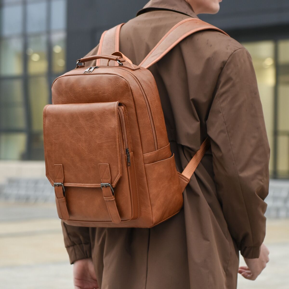 Vintage British Style Men's Backpack Large Capacity PU Leather Business Casual Commuter Laptop Trendy Student School Bag