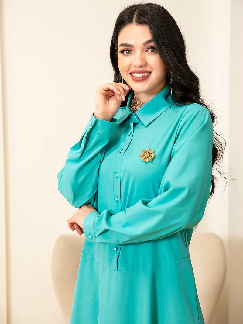 Spring/Summer Collection - Light Green Preparatory Collar Long Dress with Pocket and Button Stickers 250415