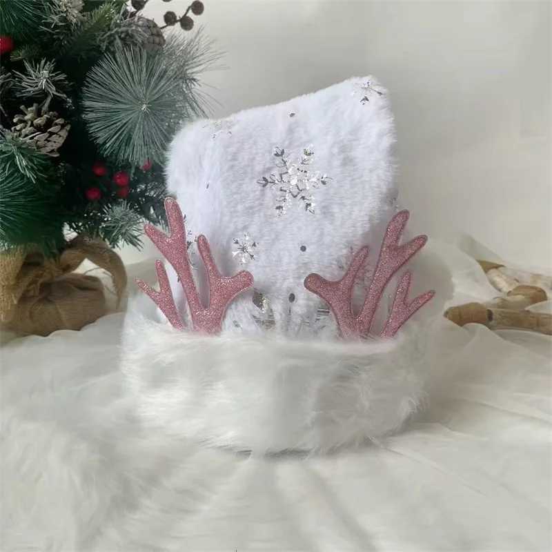 New Arrival Pink Deer Antler Christmas Hat 3147cm Silver-Embossed Snowflake Double-Layer Fluffy Decorative Short Hat Y251115