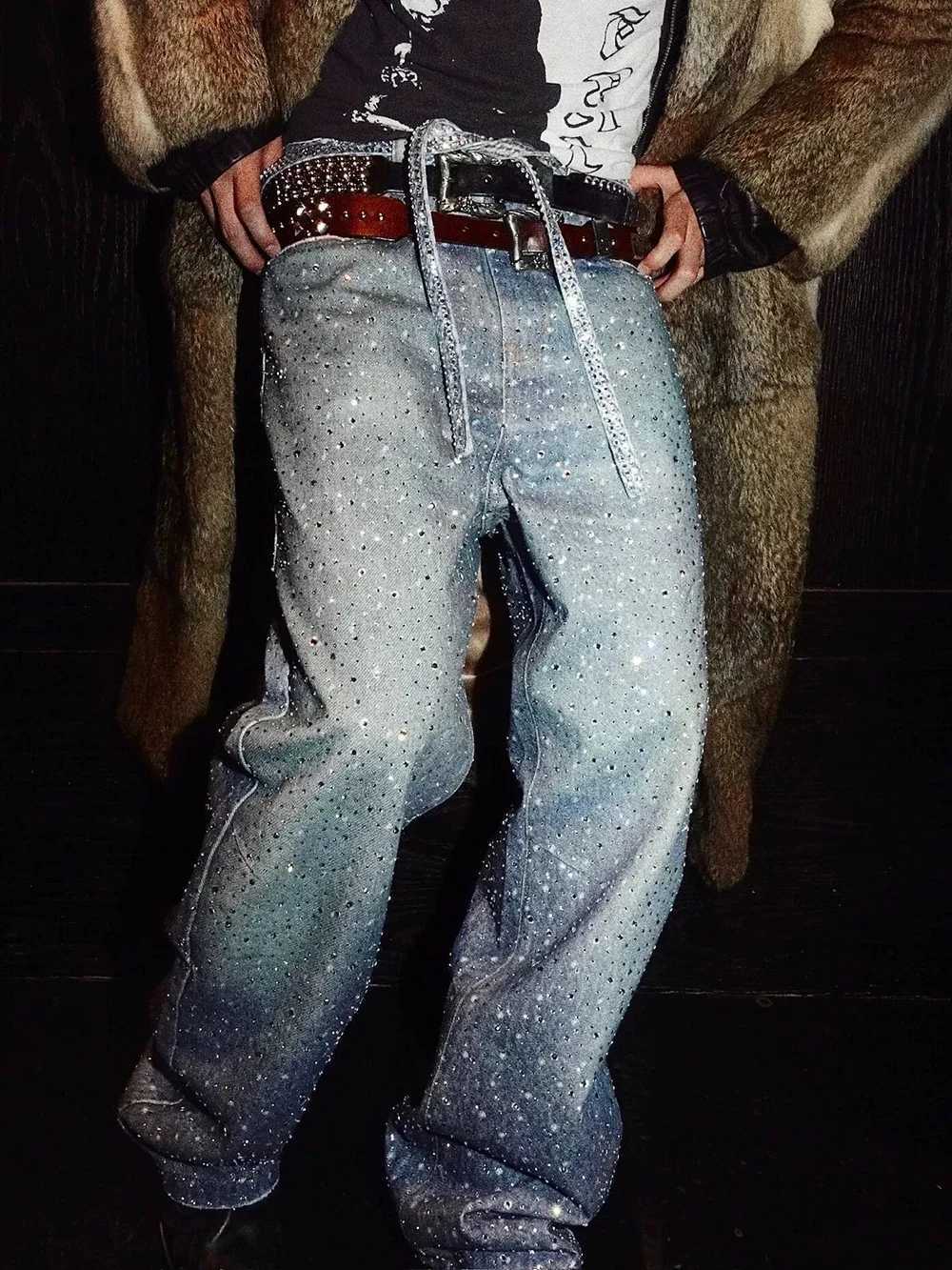 Full rhinestone print washed blue pocket jeans for men and women Ropa Hombre Strtwear solid casual denim Trouser loose cargo X250415