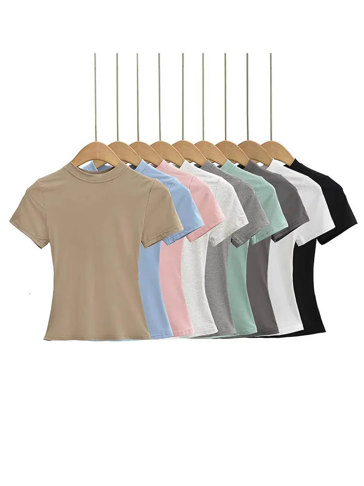 2025 High Quality Casual T shirt Sexy Slim Short Sleeves Fashion Trend Solid Women Clothing y2k Tops 250415