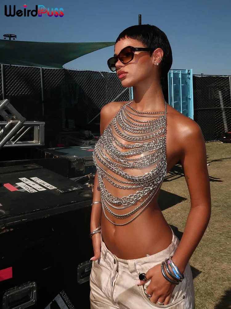 Weird Puss Hollow Chain Camisole Women Y2K Sexy Summer Coquette Backless Low-Neck Halter Midnight Clubwear Beach Vacation Vest 250415