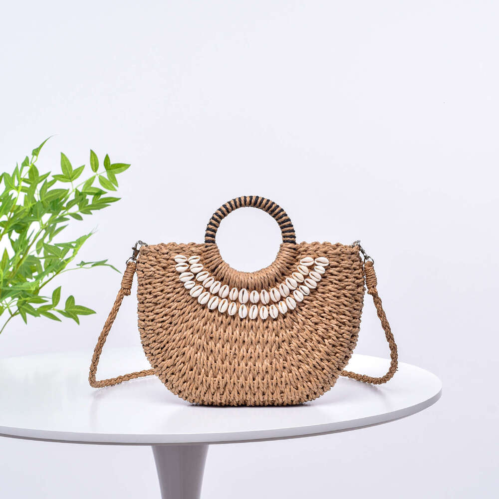 Handmade Beach Bag Medium Handmade Straw Black Handle Round Bucket Decorated With Seashell Semi Circular Beach Vacation Street Fashion Woven Crossbody